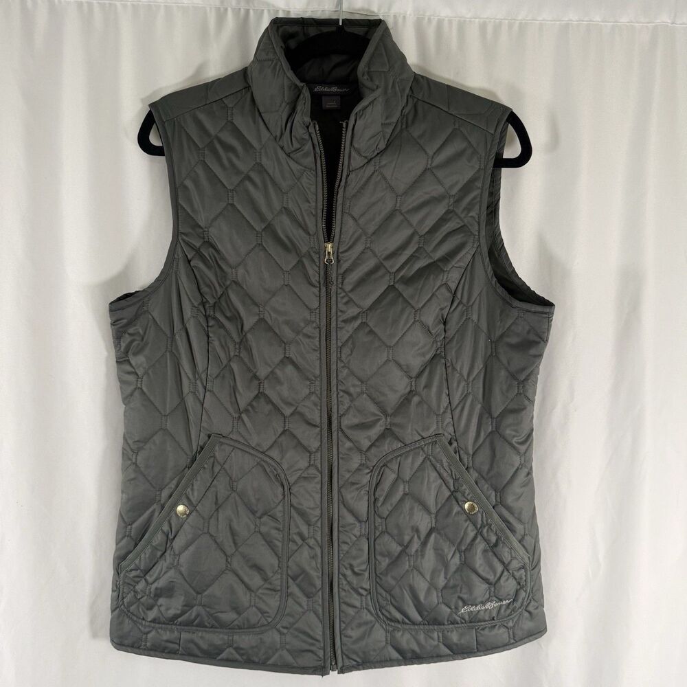 Eddie Bauer Puffer Vest Women's Large Green Full Zip Snap Pocket Sleeveless